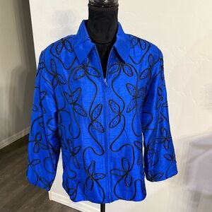 Blutique 100% Silk Fuchsia Lined Royal Blue Floral Embroidered Beaded Jacket. L